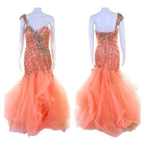 NWT SHERRI HILL One Shoulder Embellished Mermaid Tulle Gown Pastel Orange Size 6